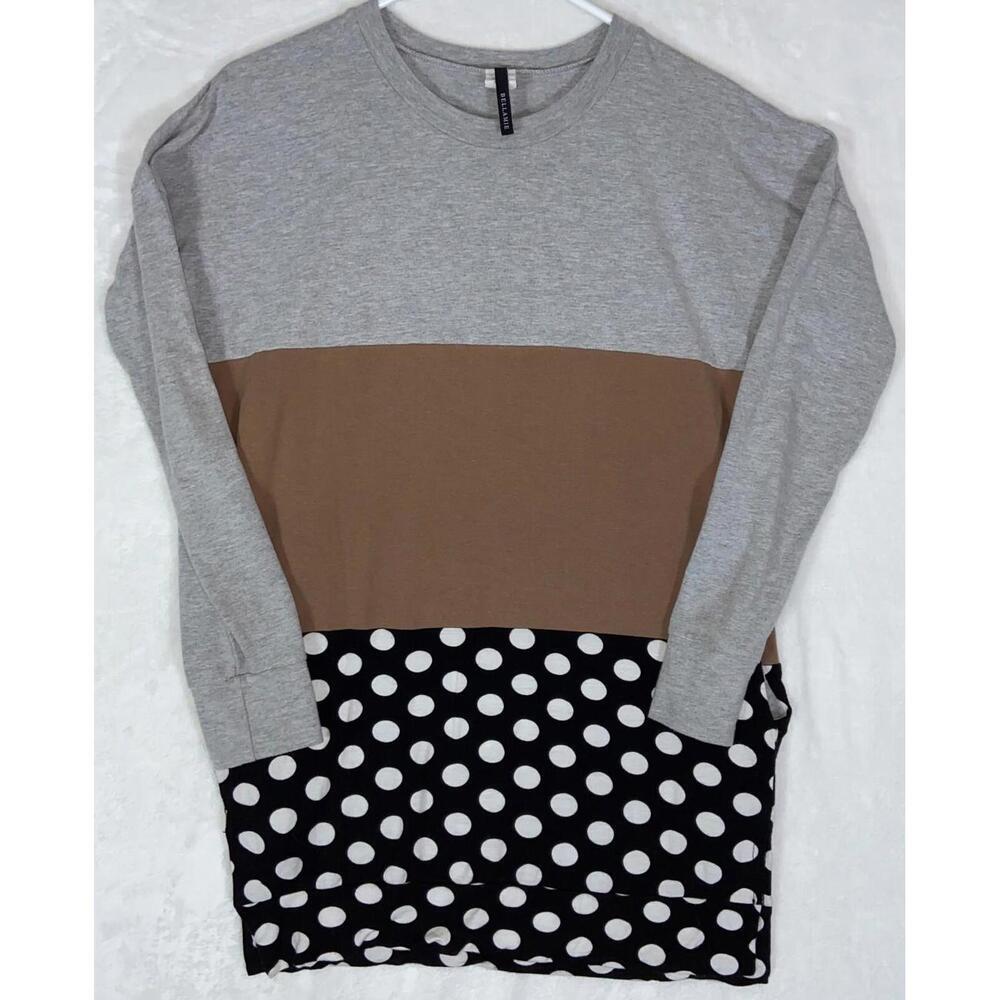 Bellamie Pullover Tunic Shirt Navy Blue Polka Dot Striped L/S No Sz Tag Found